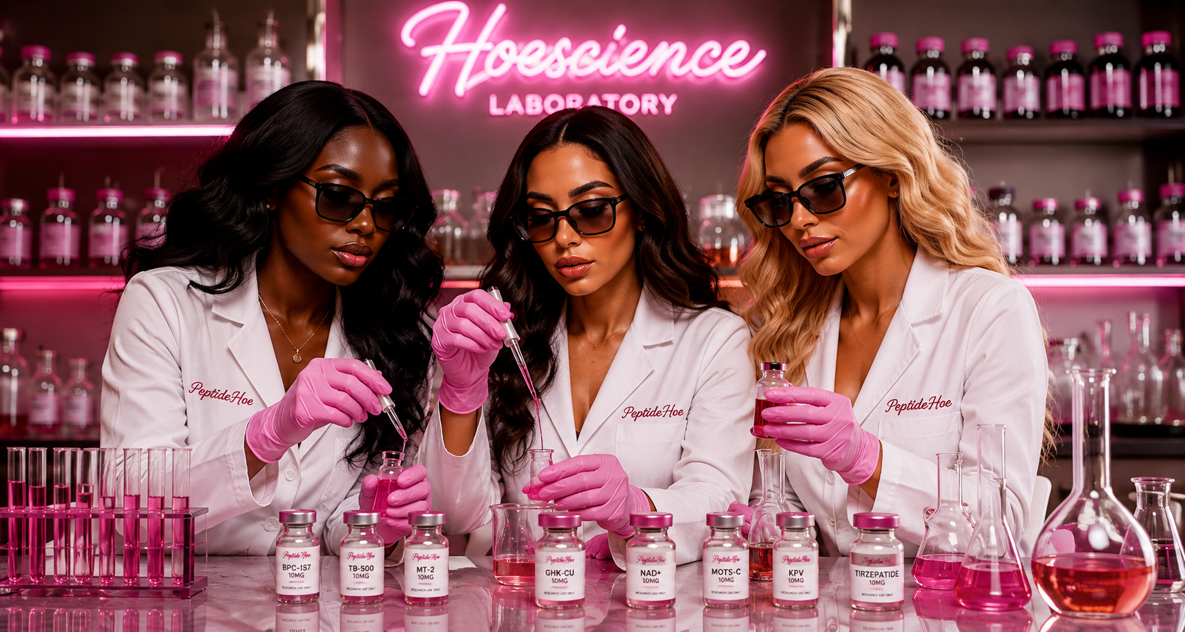 Three Peptide Hoe scientists in lab coats at the Hoescience Laboratory